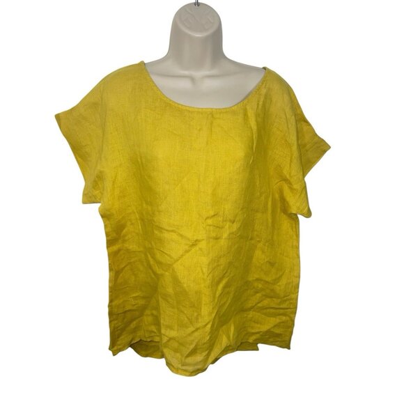 Terzo Millennio Womens Medium Yellow 100% Linen Blouse Tunic Button Back - Picture 3 of 10